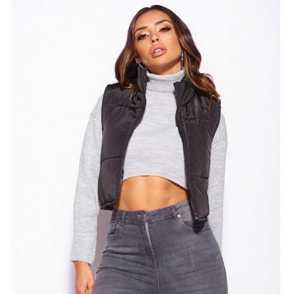 Black Sleeveless Cropped Padded Vest Gilet Jacket - Picture 1 of 14